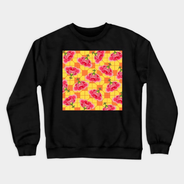 Chinese Vintage Pink and Red Flowers with Yellow and Orange Tile - Hong Kong Traditional Floral Pattern Crewneck Sweatshirt by CRAFTY BITCH